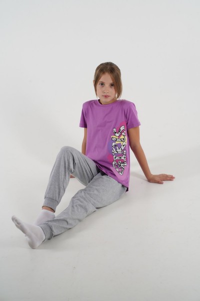 Пижама для девочки 91196 - лиловый-серый меланж 