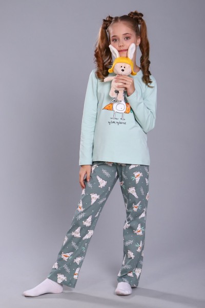 Пижама для девочки Зайцы-морковки арт. ПД-15-048 - ментол-зеленый 