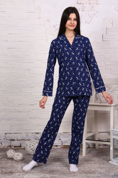 Пижама-костюм для девочки арт. ПД-006 - зайцы на самокатах синие 