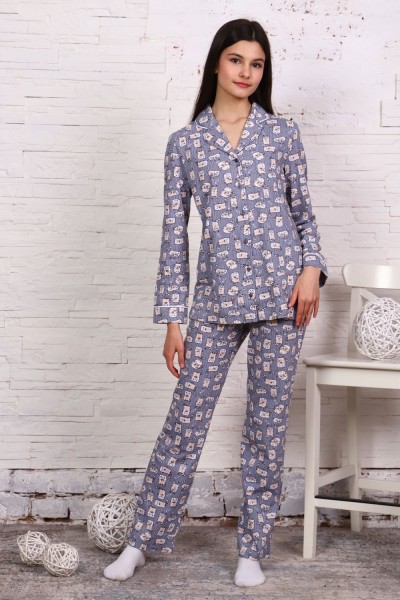 Пижама-костюм для девочки арт. ПД-006 - коты-полоска серые 