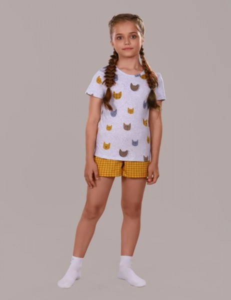 Пижама для девочки Кошки арт.ПД-009-024 - серый меланж-горчичный 