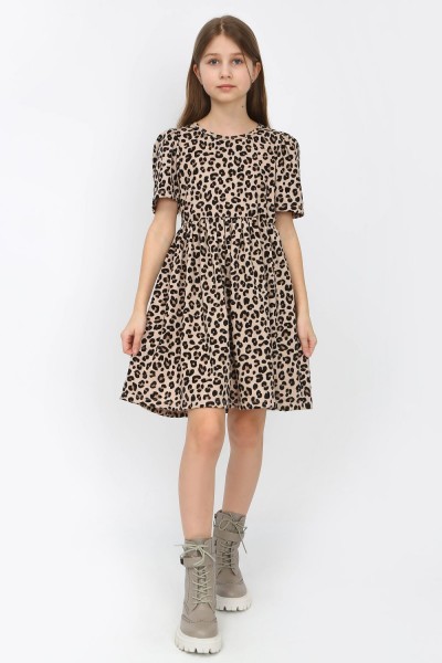 Платье Леопард короткий рукав-фонарик арт. ПЛ-372 - леопард 