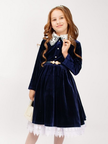 Платье бархатное для девочки со съемным воротником SP0061 - темно-синий 