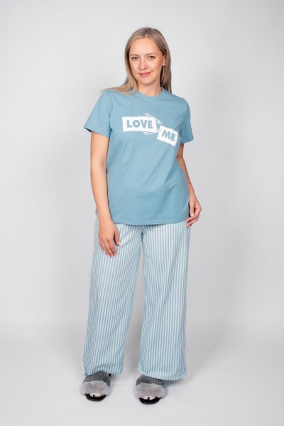 Пижама женская футболка+брюки 0933 - голубая полоска 